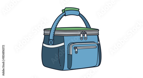 Blue insulated cooler bag with handle and zippered pockets.