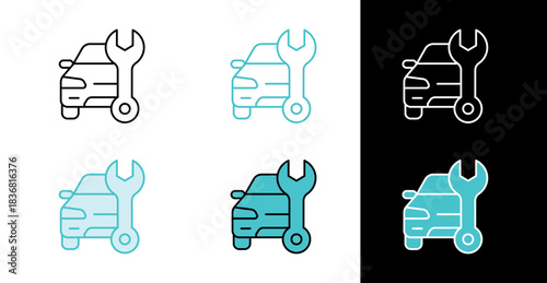 Car and wrench icon for auto repair and maintenance services in line and fill style