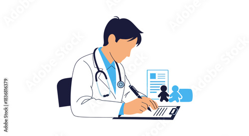 Doctor writing on clipboard with patient information and family illustration.