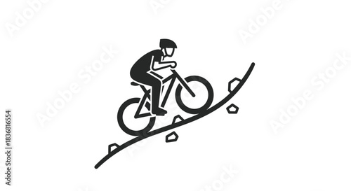 Black and White Illustration of Cyclist Riding Bicycle on Ramp.