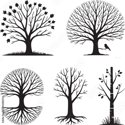 Collection of bare trees silhouettes with leaves in different shapes in vector file