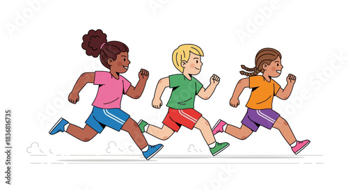 Three diverse cartoon children running a race together in colorful sportswear.