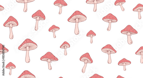 Seamless pattern of hand-drawn pink and red fly agaric mushrooms in a simple, sketchy style on a white background.