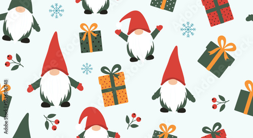 Festive seamless Christmas pattern with cute Scandinavian gnomes, colorful gift boxes, and snowflakes on a light blue background.