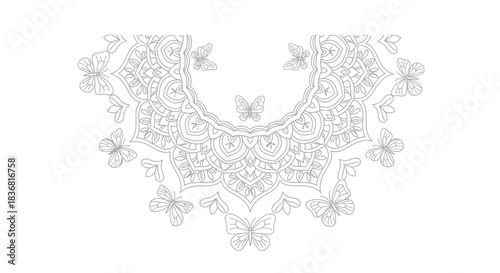 Elegant ornamental neckline embroidery pattern featuring intricate floral paisley and butterfly motifs.