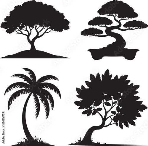 Collection of different silhouettes of trees on transparent background in vector