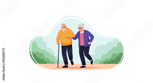 Loving elderly couple enjoying a walk together, with the senior woman supporting her husband who is using a walking cane.