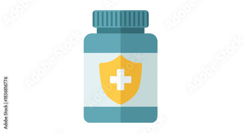 Blue Pill Bottle with Yellow Shield and White Cross Symbol.