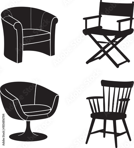 Collection of furniture set featuring armchair director chair and wooden chair design