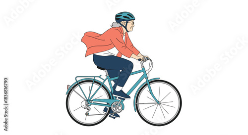 Active senior woman with grey hair and a helmet enjoying a healthy lifestyle by riding her bicycle on a white background.