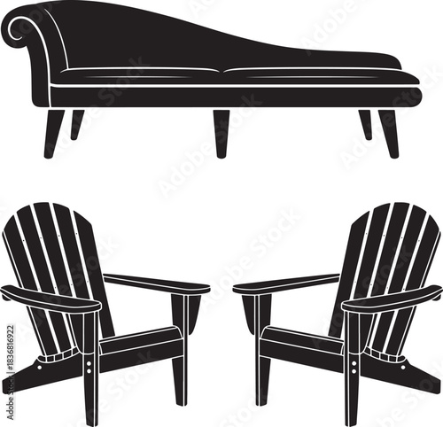 Illustration of Chaise Lounge Sofa and Adirondack Chairs on Transparent Background