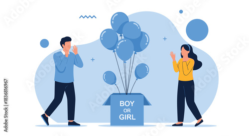 Happy couple at a gender reveal party, surprised and excited as blue balloons emerge from a box, announcing it is a boy.