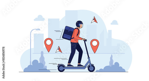Fast food delivery courier riding an electric scooter through the city with a thermal backpack to deliver an online order.