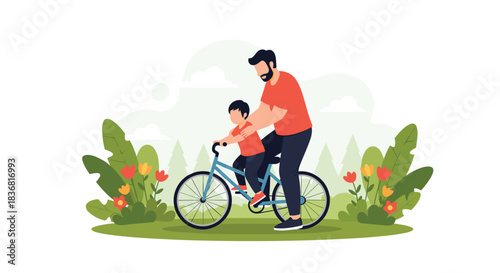Loving father teaching his young son how to ride a bicycle for the first time in a beautiful park on a sunny day.
