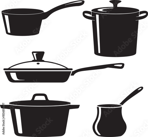 Illustration of Various Kinds of Black Kitchen Cookware on Checkered Gray Backdrop