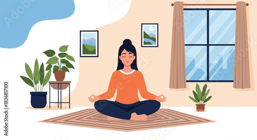 Calm young woman practicing meditation in the lotus position at home, surrounded by plants in a peaceful and relaxing room.