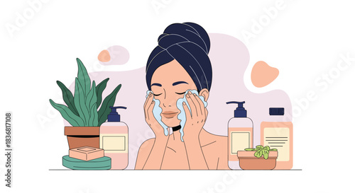 Young woman with a towel on her head washing her face with foam as part of her daily skincare and beauty routine.