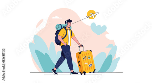 Young male traveler with a backpack and a rolling suitcase, wearing headphones and watching a plane in the sky.