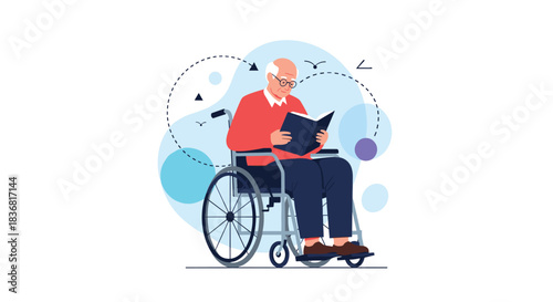 Elderly man in a wheelchair enjoying a peaceful moment outdoors, deeply engrossed in reading a book with birds flying nearby.