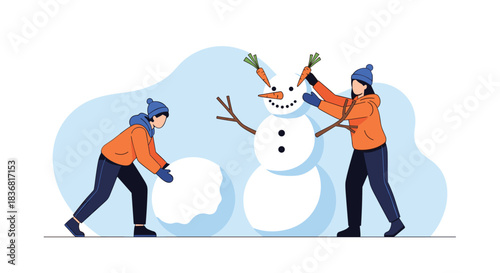 Two people wearing warm winter coats and hats happily building a snowman together, adding carrot noses and stick arms.