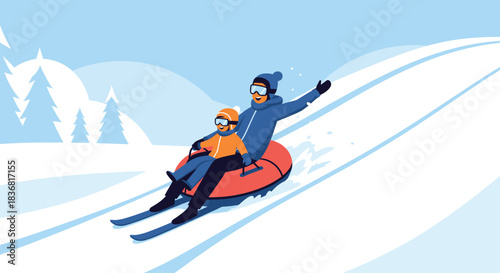 Father and child having fun snow tubing together, sliding down a snowy hill on an inflatable tube in a winter landscape.
