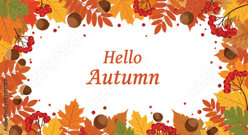 Hello Autumn banner with a border of colorful fall leaves, rowan berries, and chestnuts on a white background.