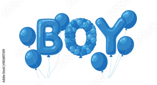 The word 'BOY' spelled out with blue foil and cluster balloons for a baby shower or gender reveal party celebration.