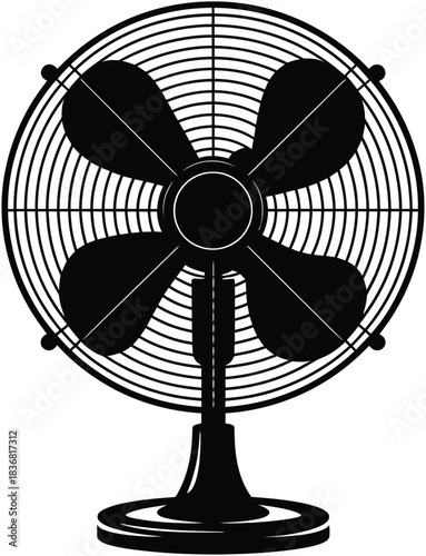 Standing oscillating fan with metal safety cage appliance for cooling rooms vector