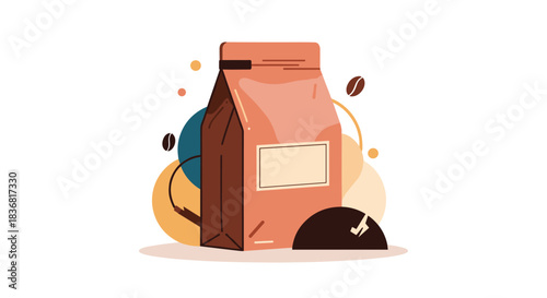 Modern illustration of a sealed coffee bag with a blank label for branding, set against an abstract background with coffee beans.