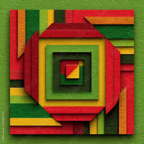 Vibrant abstract art featuring layers of red, yellow, and green. Perfect for modern decor.