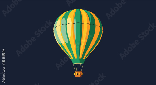 Vintage-style hot air balloon with green and yellow stripes floating gracefully against a solid dark blue evening sky background.