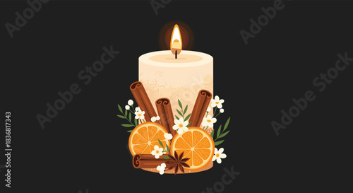 Aromatic pillar candle beautifully decorated with dried orange slices, cinnamon sticks, star anise, and small white flowers.
