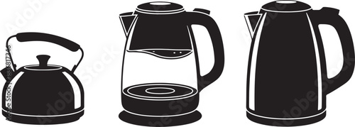 Three black kettle silhouettes on transparent background for boiling water drink
