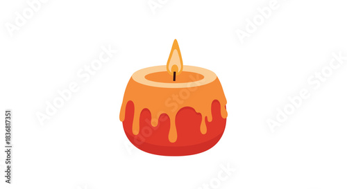 Simple cartoon illustration of a round, red candle with melting orange wax dripping down the sides, isolated on a white background.
