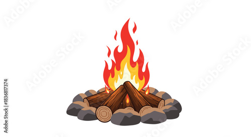 Brightly burning campfire with logs arranged in a circle of stones, creating a warm and cozy outdoor feeling, isolated on white.
