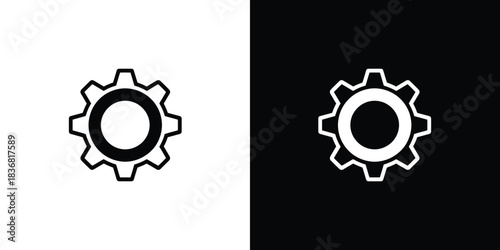 Outline illustrations of a single mechanical gear presented in black and white reverse