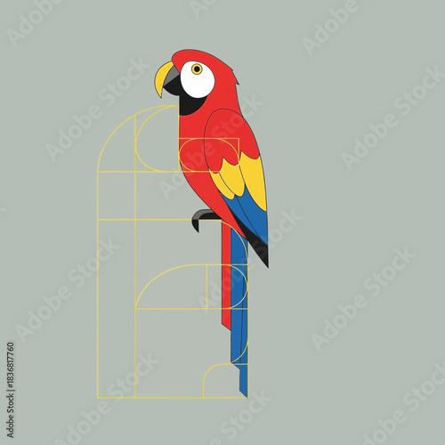 A stylized red, yellow, and blue parrot perched on a geometric golden cage outline against a grey background.