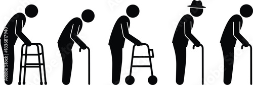 Collection of black stick figure pictograms illustrating demographics and age groups, including families, pregnancy, children, a person in a hospital bed, a person in a wheelchair,
