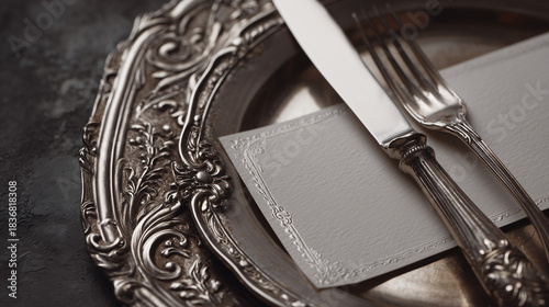 elegant table card, vintage dinner setting, blank menu on silver plate
