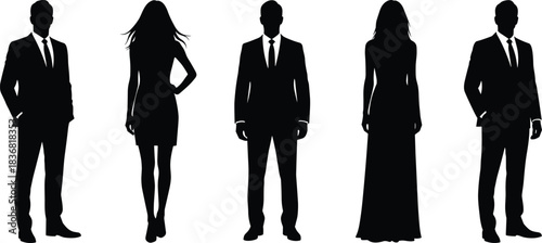 Collection of black and white silhouettes representing corporate executives, business professionals, and fashionable individuals in varied modern poses for graphic identity.