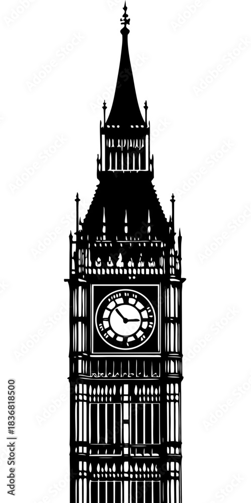 Fototapeta premium Black Big Ben Clock Tower Silhouette Vector Icon of London Landmark