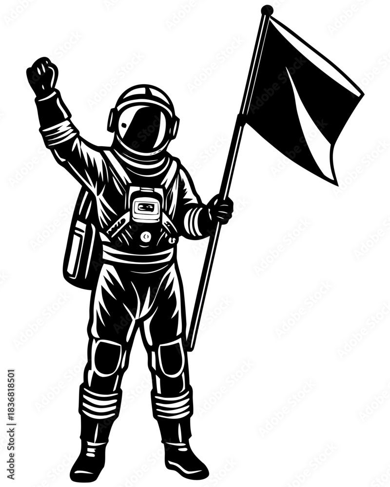 Obraz premium Black Astronaut Holding Flag Silhouette Vector Icon for Space Exploration