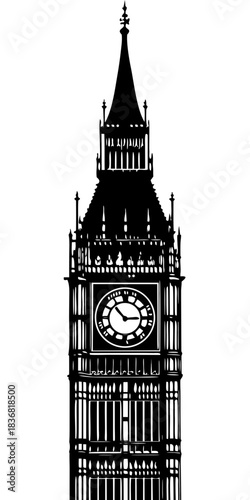 Black Big Ben Clock Tower Silhouette Vector Icon of London Landmark