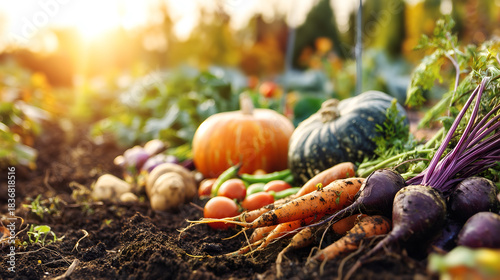 This image showcases a rich, sunlit harvest of fall vegetables.