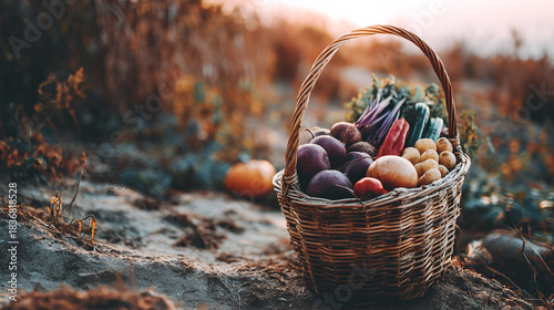 This image features a woven basket overflowing resting on tilled soil in an open field.