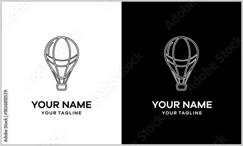 Minimalist line art hot air balloon logo design template presented on contrasting black and white backgrounds with placeholder text.