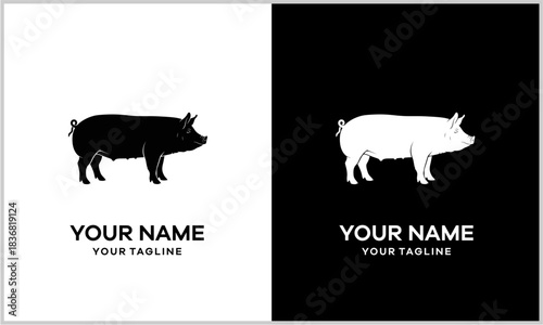 Minimalist black and white pig silhouette logo design concept presented on contrasting backgrounds.