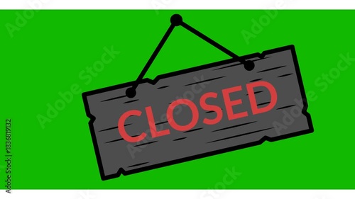 Animation of signboard closed for shop on green background. Closed signboard store animation. footage closed store sign icon on a green screen background. closed sign hanging door store shop
