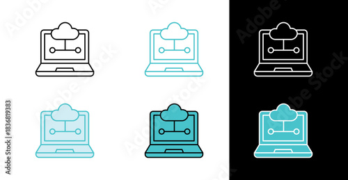 Cloud computing laptop icon for data network and online storage in line and fill style