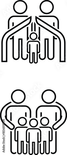 Four icons illustrating a male same-sex couple with a child, presented in blue outline, solid black, simple black outline, and solid black with a hand wave,